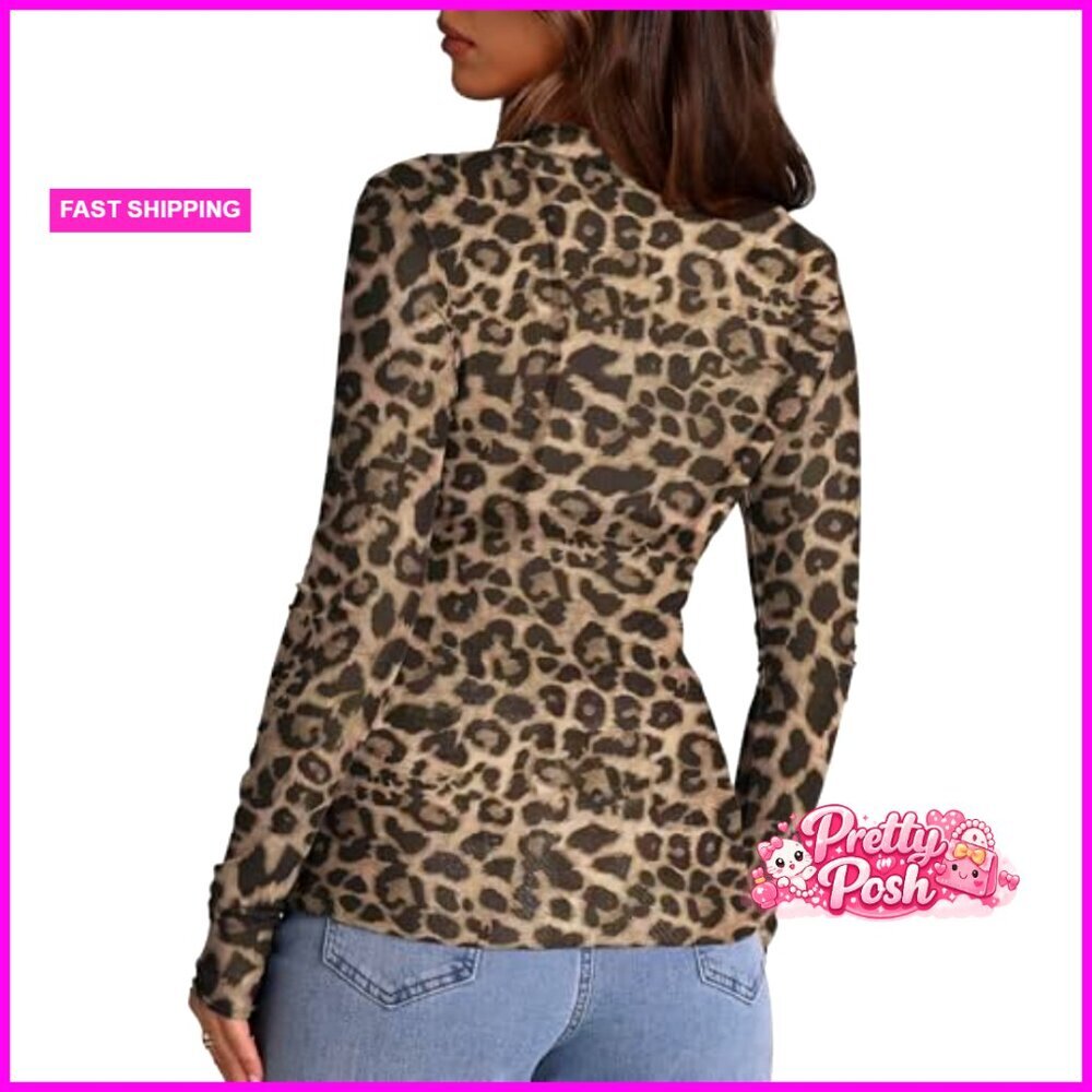 Long Sleeve Mesh Sheer Blouse Mock Neck Fitted Top - Picture 5 of 7